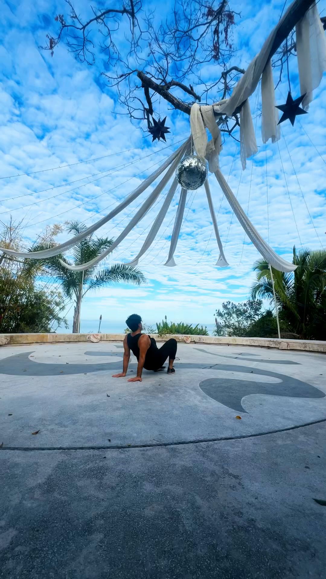 Crab position on a terrace under shade sails and palm trees